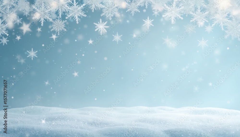 Naklejka premium Serene winter scene with white snowflakes, light blue sky. Snowflakes scattered throughout, adding depth, dimension. Stars twinkle in sky, giving sense of sparkle. Clean, simple, calm illustration.