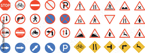 Complete Road Traffic Sign Icon Collection – Vector Set of Street, Highway, Warning, Regulatory, Informational, and Directional Symbols for Driving Safety and Transportation Design