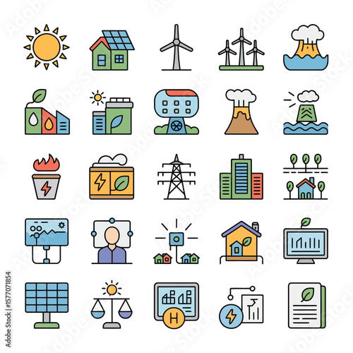 Collection of Colorful Line Icons Illustrating Renewable and Non Renewable Energy Sources Power Generation Transmission Smart Grid Technologies and Environmental Sustainability