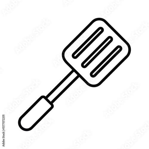 Simple line drawing of a slotted spatula isolated on white background