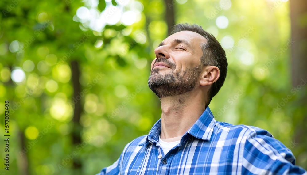 Fototapeta premium Man breathing deeply in forest