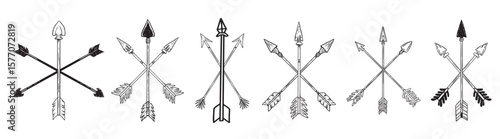 Set illustrations ancient, crossed arrows native Americans engraving style design element poster label