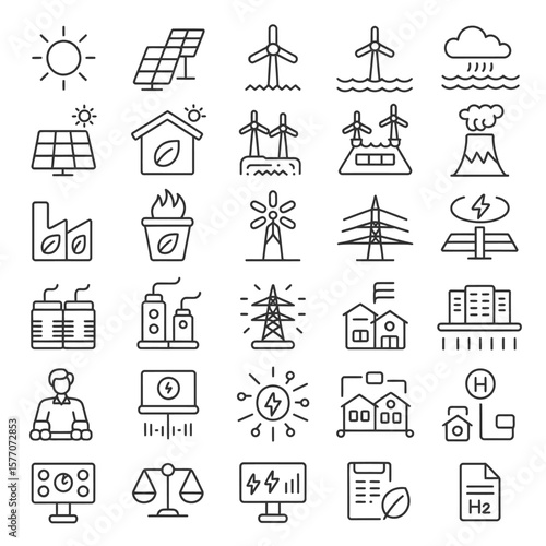 Collection of Line Art Icons Depicting Renewable and Non Renewable Energy Sources Power Generation Transmission and Consumption Including Solar Panels Wind Turbines Hydropower