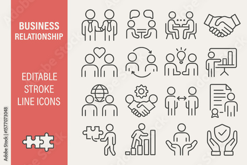 Business Relationship Editable Icons: Modern Collaboration, Trust & Partnership Set