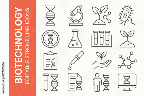 Biotechnology Editable Stroke Icons: Modern Science, DNA & Bioengineering Vectors