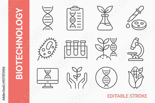 Biotechnology Editable Stroke Icons: Modern Science, DNA & Bioengineering Vectors