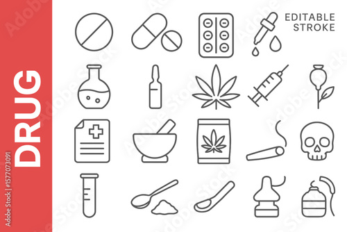 Drug Editable Stroke Icons: Modern Pharmacy, Medicine & Pharmaceutical Vectors