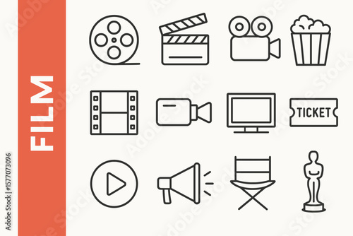 Film Line Icon Set: Modern Cinema, Movie Production & Media Vectors