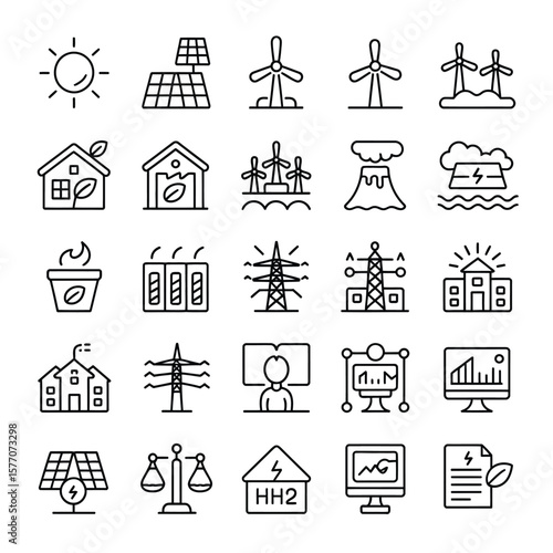 Collection of Thirty Black and White Line Icons Illustrating Renewable and Non Renewable Energy Sources Power Generation Transmission Consumption and Environmental