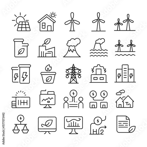 Collection of Thirty Black Line Icons Depicting Renewable and Non Renewable Energy Sources Power Generation Transmission and Consumption Including Solar Panels Wind Turbines