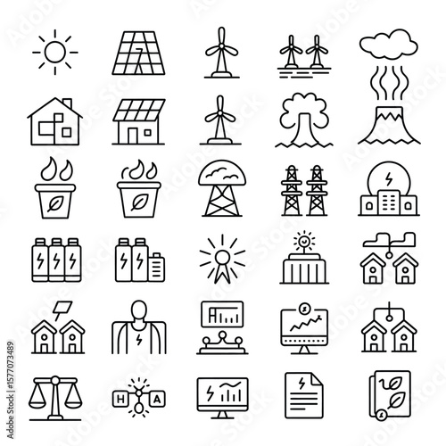 Collection of Thirty Black Line Icons Depicting Renewable and Non Renewable Energy Sources Power Generation Transmission and Consumption Smart Grid Technologies and