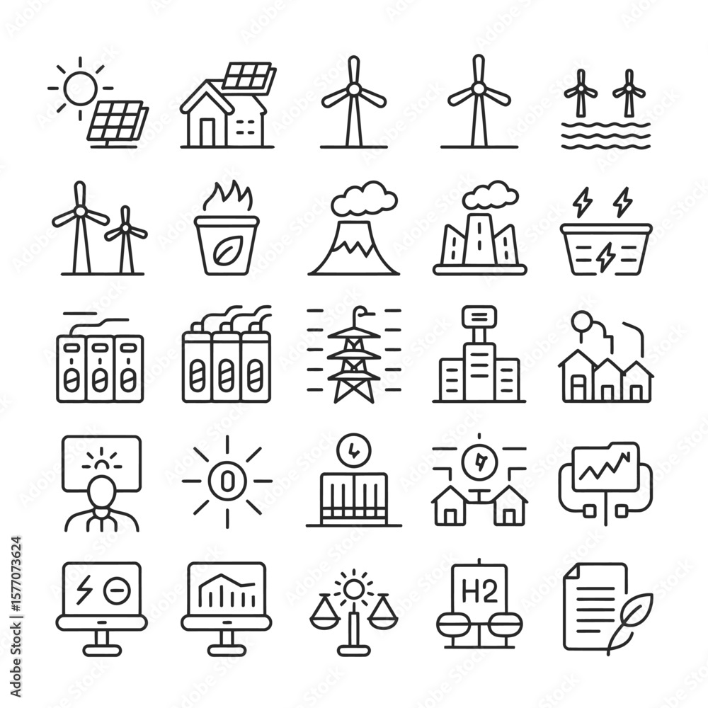 Naklejka premium Collection of Thirty Black Line Icons Depicting Renewable and Non Renewable Energy Sources Power Generation Transmission and Consumption Sustainability and Environmental Impact