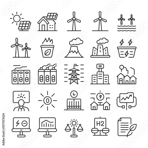 Collection of Thirty Black Line Icons Depicting Renewable and Non Renewable Energy Sources Power Generation Transmission and Consumption Sustainability and Environmental Impact