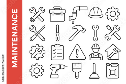 Maintenance Line Icon Set: Modern Repair, Service & Technical Support Vectors