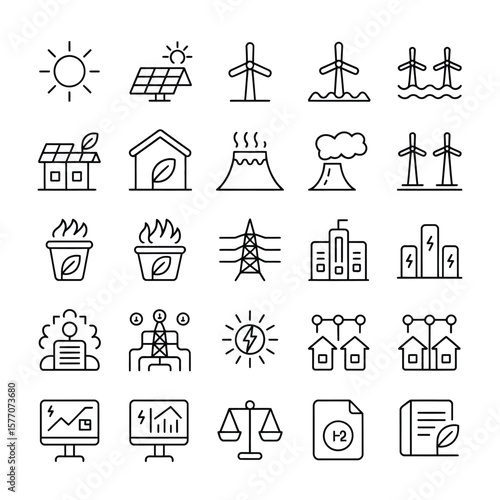 Collection of Thirty Black Line Icons Depicting Renewable and Non Renewable Energy Sources Power Generation Transmission Smart Grids Sustainability and Environmental Impact