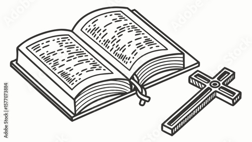Open bible with cross illustration for christian faith religion and spirituality concept drawing vector art