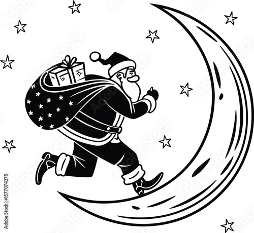 Here's a single sentence for describing that image:

Cartoon vector illustration of Santa Claus on the moon with a bag, a fun character drawing