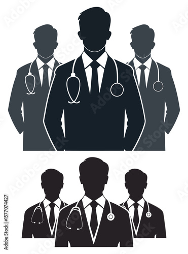 Silhouette of Professional Male Doctors Wearing Stethoscopes in Business Attire