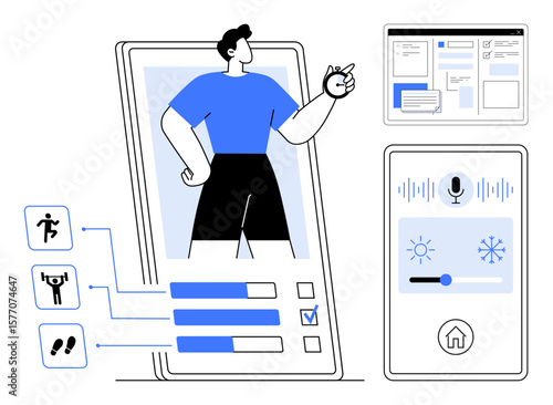 Fitness app with activity stats, user interface elements, voice control for smart systems. Ideal for health, tech, fitness apps, smart home, user experience, digital progress simple flat metaphor