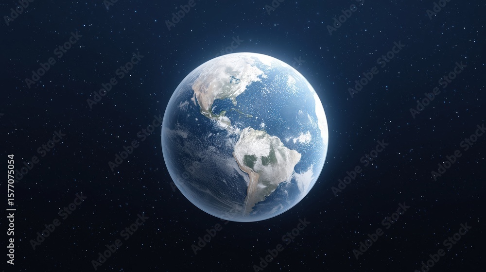 Fototapeta premium Earth viewed from space, showcasing vibrant blue oceans, green landmasses, and swirling white clouds against a backdrop of deep black starry sky, representing planetary beauty and wonder