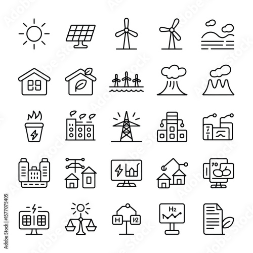 Collection of Thirty Line Art Icons Depicting Renewable and Non Renewable Energy Sources Power Generation Transmission and Consumption Smart Grid Technologies and Environmental