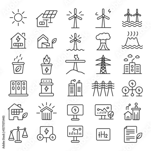 Collection of Thirty Line Art Icons Depicting Renewable and Non Renewable Energy Sources Power Generation Transmission and Consumption Sustainability and Environmental Impact