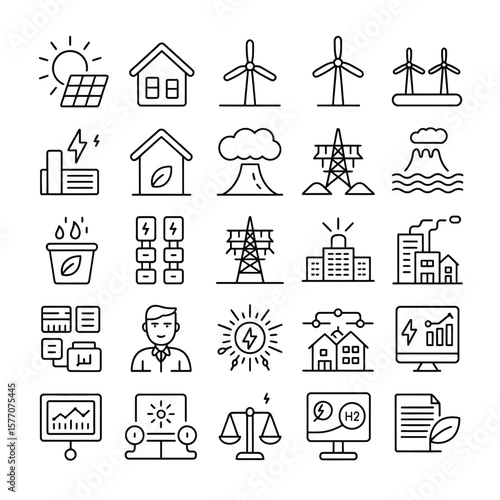 Collection of Thirty Line Art Icons Depicting Renewable and Non Renewable Energy Sources Power Generation Transmission Smart Grids and Environmental Sustainability Concepts