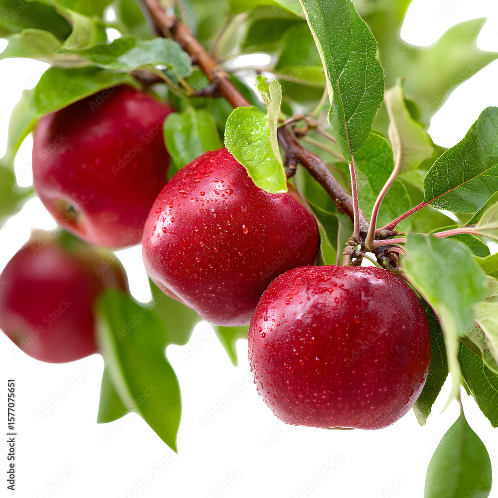 Obraz premium Ripe red apples hanging on a tree branch, fruit on a black background