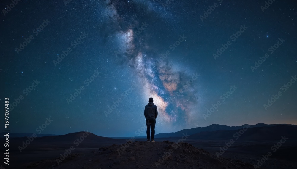 Fototapeta premium Solitary person stands on rocky outcropping gazing at night sky. Milky Way galaxy shines with distant stars, creating ethereal ambiance. Black sky with starlight, solitary figure silhouette, serene