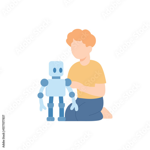 Child playing with robot, exploring robotics and artificial intelligence. Boy developing with toy robot. Curiosity about robotics and progress.