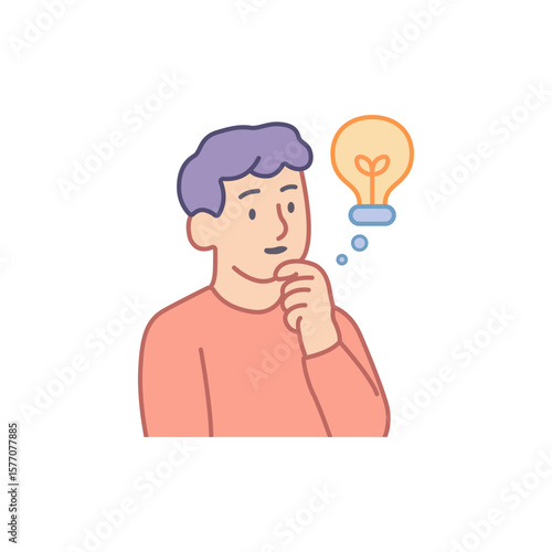 Pensive man having a bright idea generating a light bulb, innovation and inspiration striking. Interesting ideas and thoughts, a creative man with a clear mind.