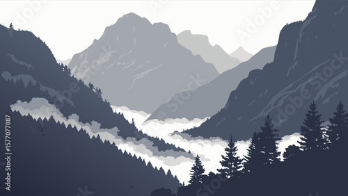 Mountain landscape vector art with trees and fog background for nature scenery and outdoor adventure design