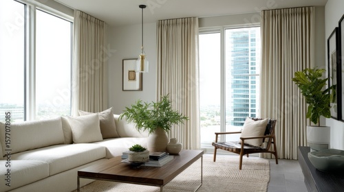 Modern living room with beige sofa wooden coffee table and floor to ceiling curtains