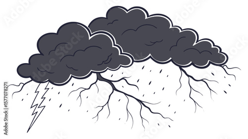 Illustration of storm clouds with lightning and rain weather forecast drawing for graphic design and art projects