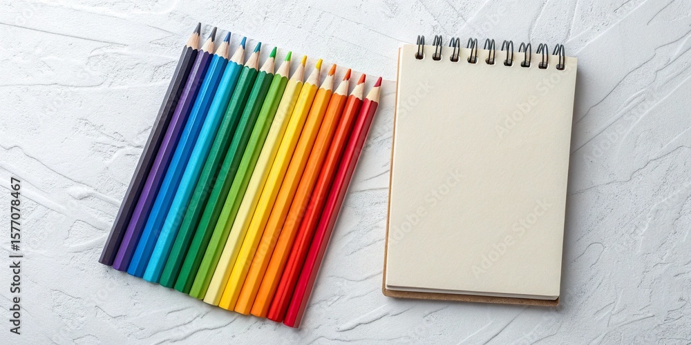 Fototapeta premium Rainbow Colored Pencils and Blank Notepad on White Textured Background