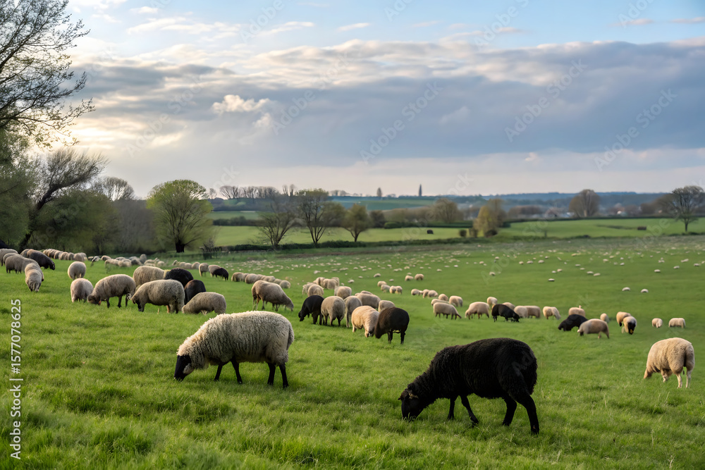 Fototapeta premium A tranquil scene of black sheep grazing in between cream flock sheep in a lush green meadow, showcasing the beauty of rural life. The flock is spread out under a soft blue sky
