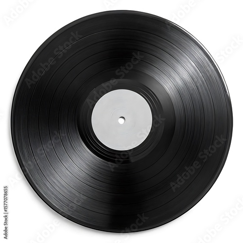 A top down view of a black vinyl record with a white label in the center on a white background
