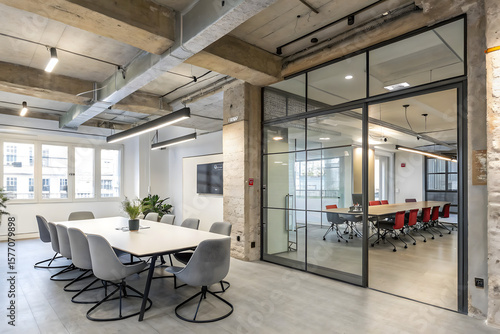 Modern coworking office, featuring a spacious meeting room with a large table, gray chairs, exposed concrete beams, and a transparent glass partition