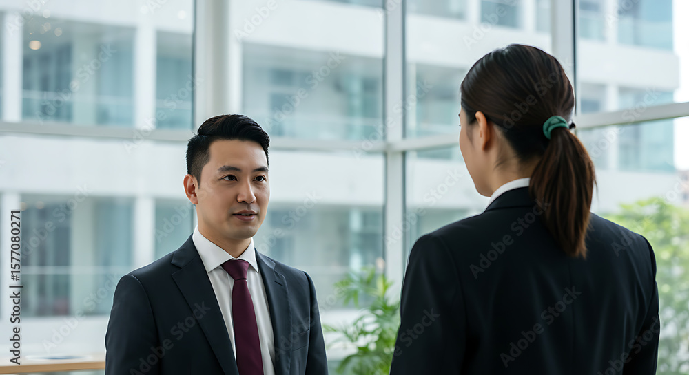 Two Asian Business Professionals in Suits Having a Conversation Indoors Two Asian Business Professionals in Suits Having a Conversation Indoors