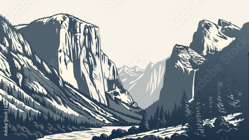 Scenic yosemite valley landscape illustration with mountains river and forest for travel and nature lovers