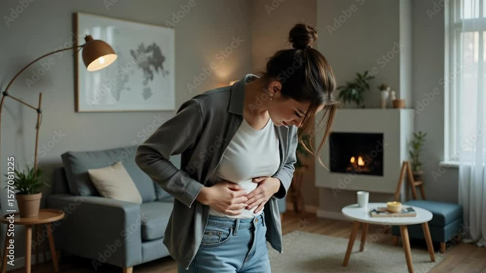 A woman experiences abdominal discomfort and cramping at home, possibly related to menstrual pain or digestive issues, shown in this 4k healthcare footage. A woman experiences abdominal discomfort and cramping at home, possibly related to menstrual pain or digestive issues, shown in this 4k healthcare footage.