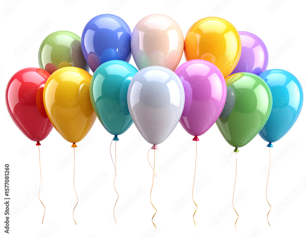 3D Colorful Balloons with Glossy Surfaces and Strings, Floating, Transparent Background 3D Colorful Balloons with Glossy Surfaces and Strings, Floating, Transparent Background