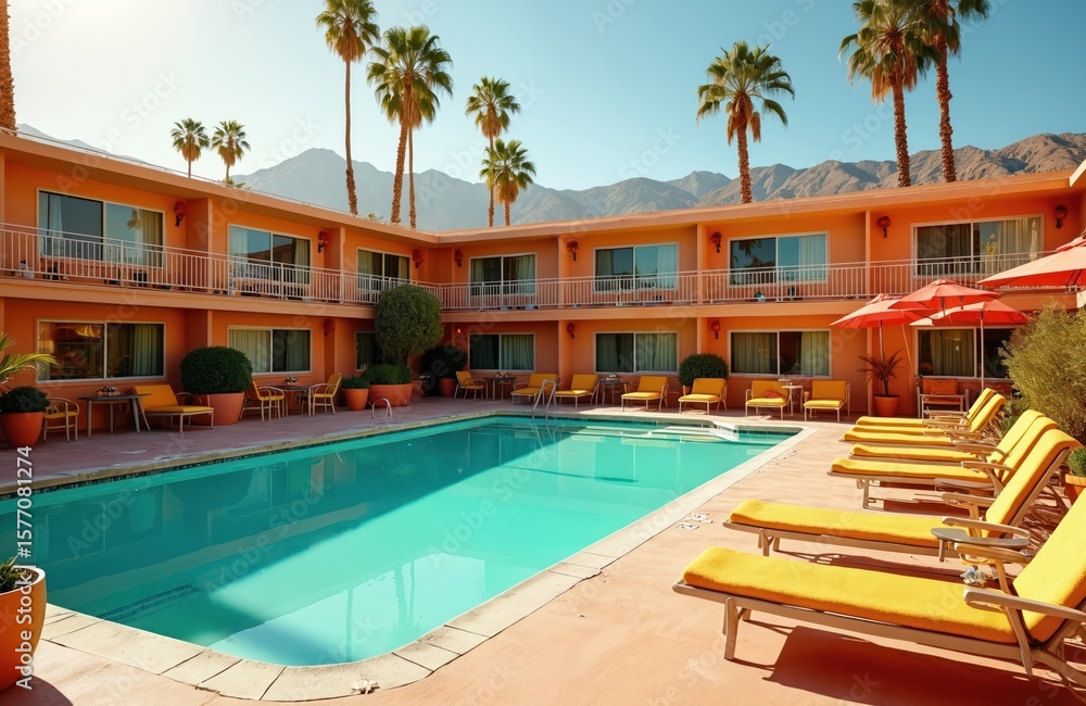 Fototapeta premium Retro-inspired boutique hotel in Palm Springs with modernist architecture. Orange, blue buildings with blue roofs. Palm trees, red umbrella create sunny atmosphere. Bright colors, clear blue sky.