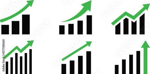 Growing Graph icon set.A dynamic illustration featuring a rising chart with arrow, business bar sign, and progress bar symbol, representing success and profit growth. Ideal for apps, websites.