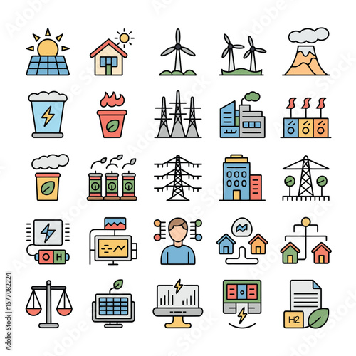 Colorful Vector Icons Set Depicting Renewable and Non Renewable Energy Sources Power Generation Transmission Smart Grid Technology and Sustainability Concepts Including Solar