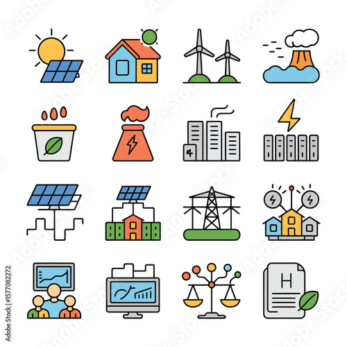Colorful Vector Icons Set Illustrating Renewable and Non Renewable Energy Sources Power Generation Smart Grids Data Analysis and Environmental Sustainability Concepts