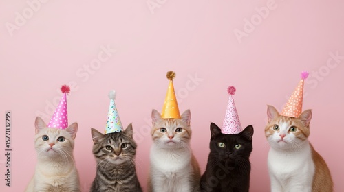 Five adorable cats wearing party hats against a pink background.