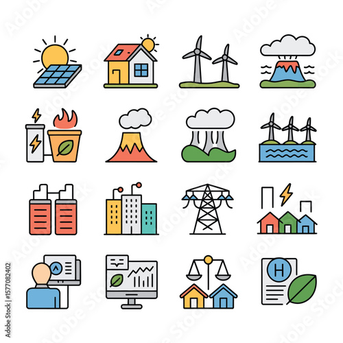 Colorful Vector Icons Set Illustrating Renewable and Non Renewable Energy Sources Power Generation Systems Environmental Issues and Sustainability Concepts Including Solar