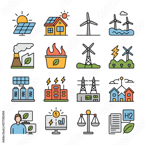 Colorful Vector Icons Set Illustrating Renewable and Non Renewable Energy Sources Power Generation Solar Panels Wind Turbines Hydropower Geothermal Energy Battery Storage Smart