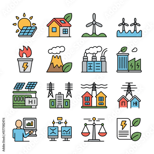 Colorful Vector Icons Set Illustrating Renewable and Non Renewable Energy Sources Power Generation Transmission Smart Grid Monitoring and Environmental Balance